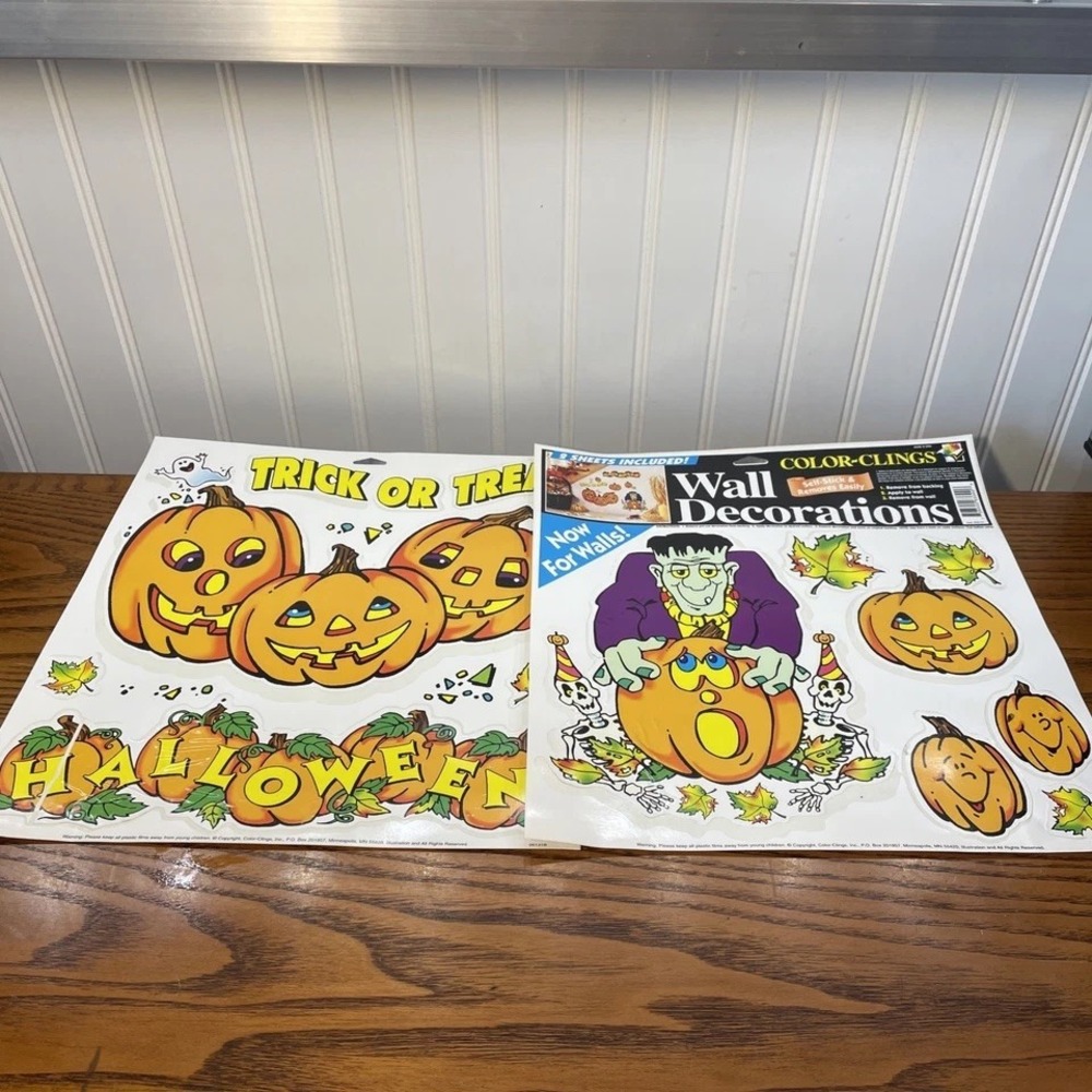 Lot Of 2 Vintage Halloween Clings Wall Decorations Pumpkin Frankenstein Read